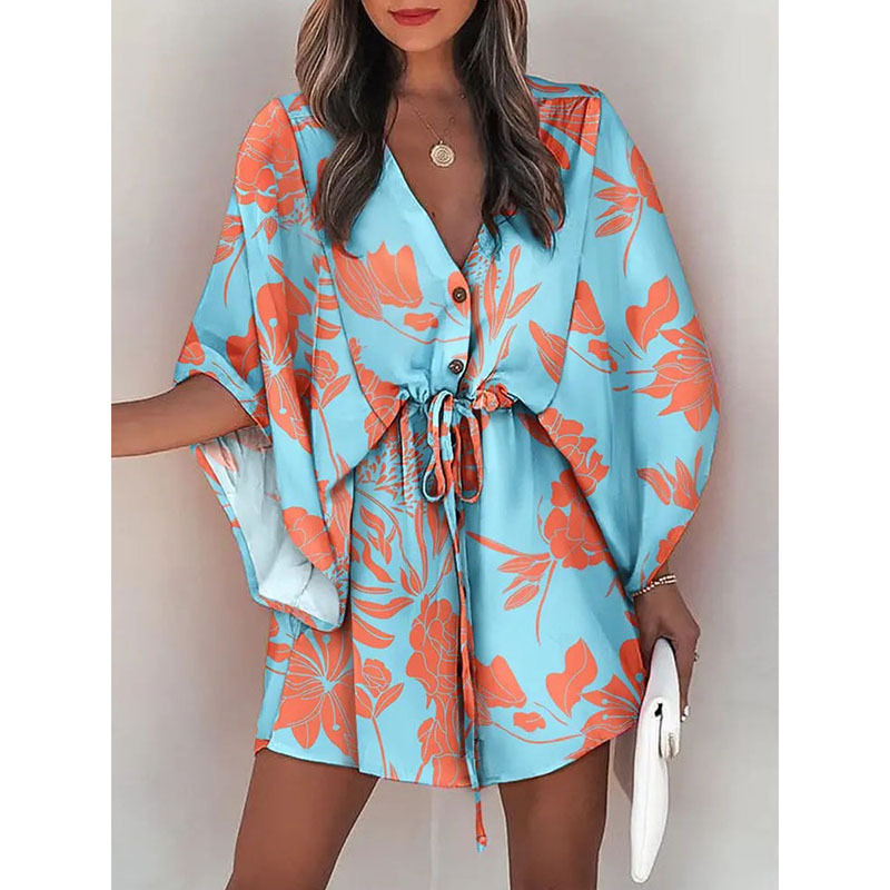 Women's Summer Flutter Sleeve Amazon V-Neck Tie-Waist Printed Beach Dress