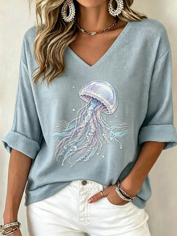 Women's 3/4 Sleeve V-Neck Casual Top with 3D Digital Print; Women's V-Neck T-Shirt