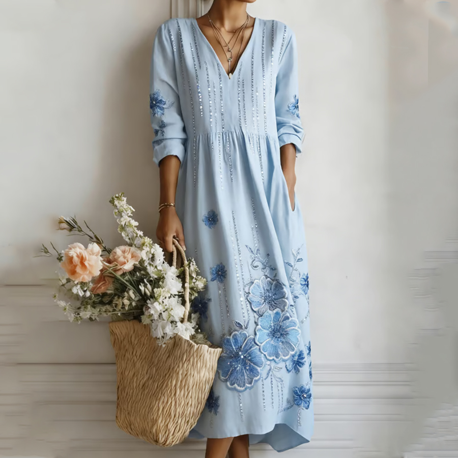 Women'S Elegant Floral Print V-Neck Linen Style Dress