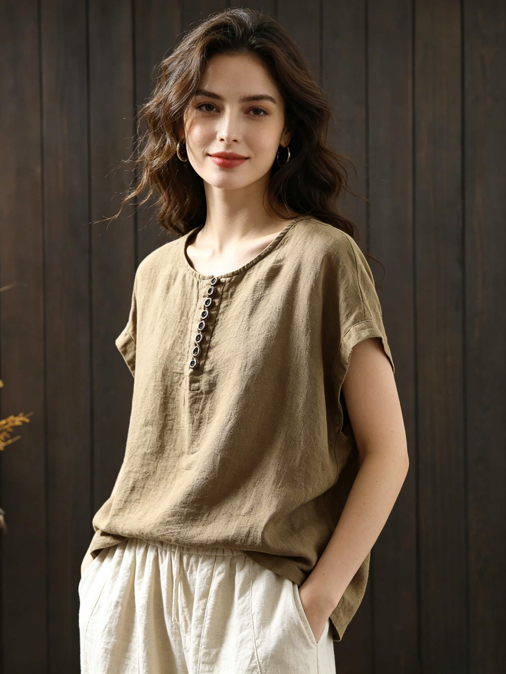Plus Size Women Summer Casual Pure Color O-Neck 100%Linen/Cotton Linen Shirt