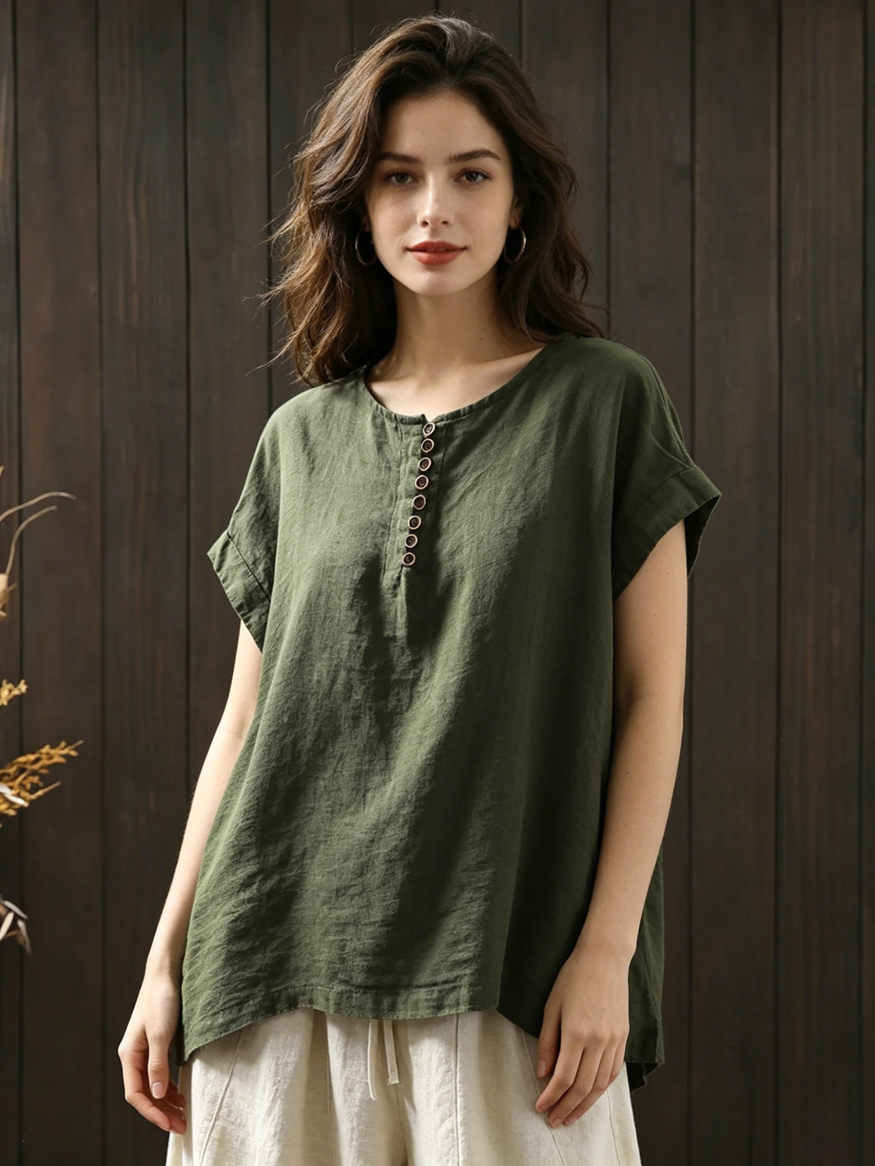 Plus Size Women Summer Casual Pure Color O-Neck 100%Linen/Cotton Linen Shirt