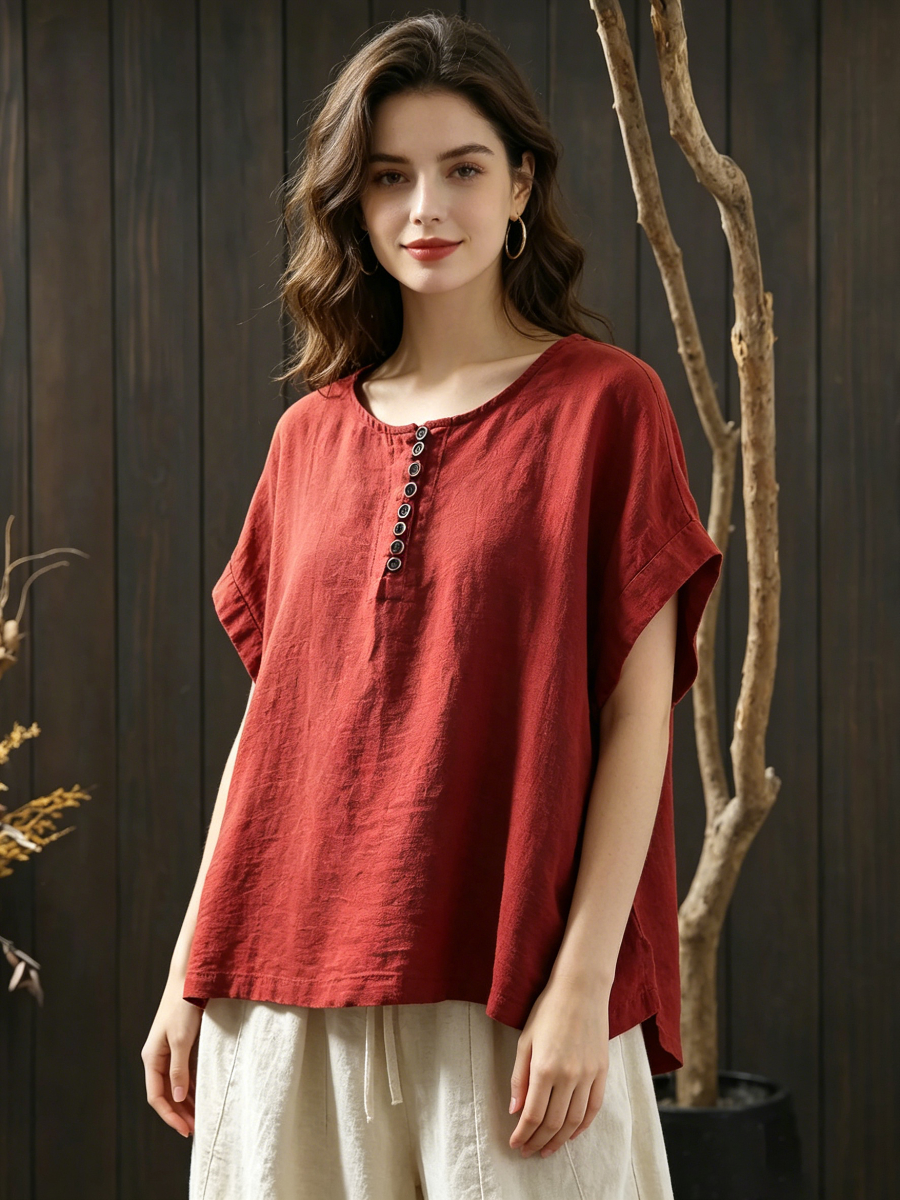 Plus Size Women Summer Casual Pure Color O-Neck 100%Linen/Cotton Linen Shirt