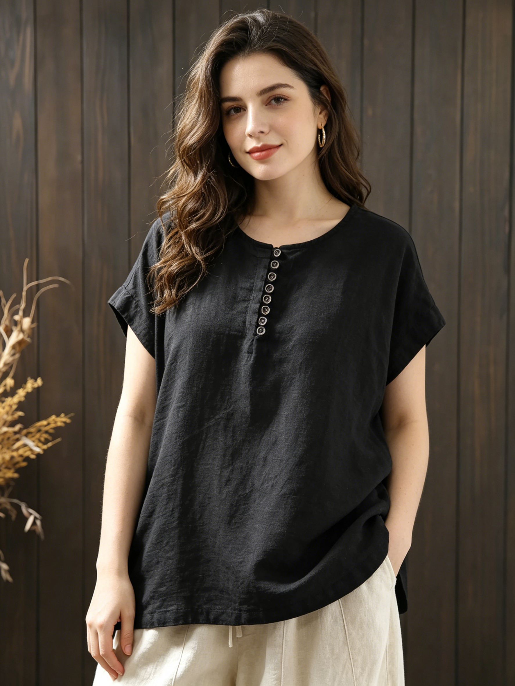Plus Size Women Summer Casual Pure Color O-Neck 100%Linen/Cotton Linen Shirt