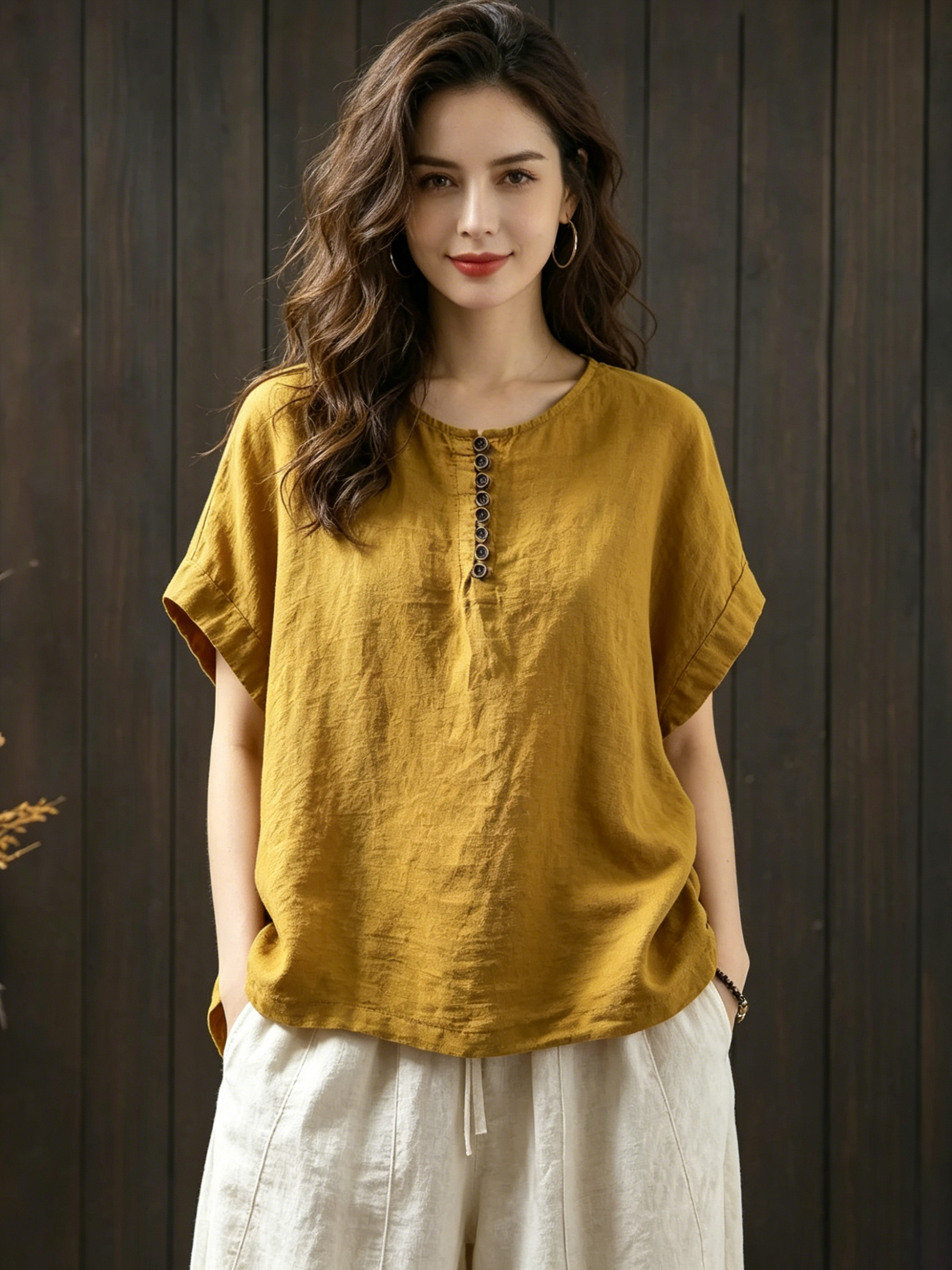 Plus Size Women Summer Casual Pure Color O-Neck 100%Linen/Cotton Linen Shirt