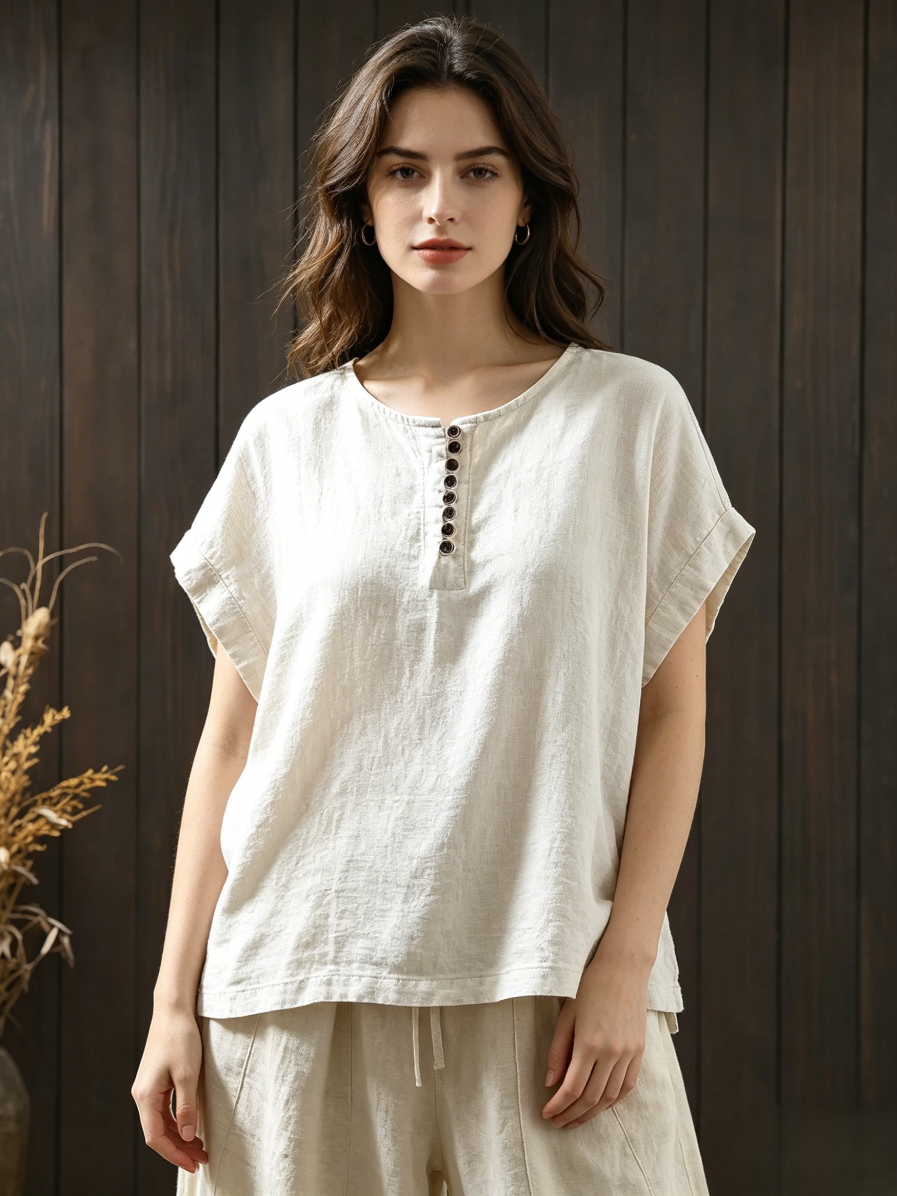 Plus Size Women Summer Casual Pure Color O-Neck 100%Linen/Cotton Linen Shirt