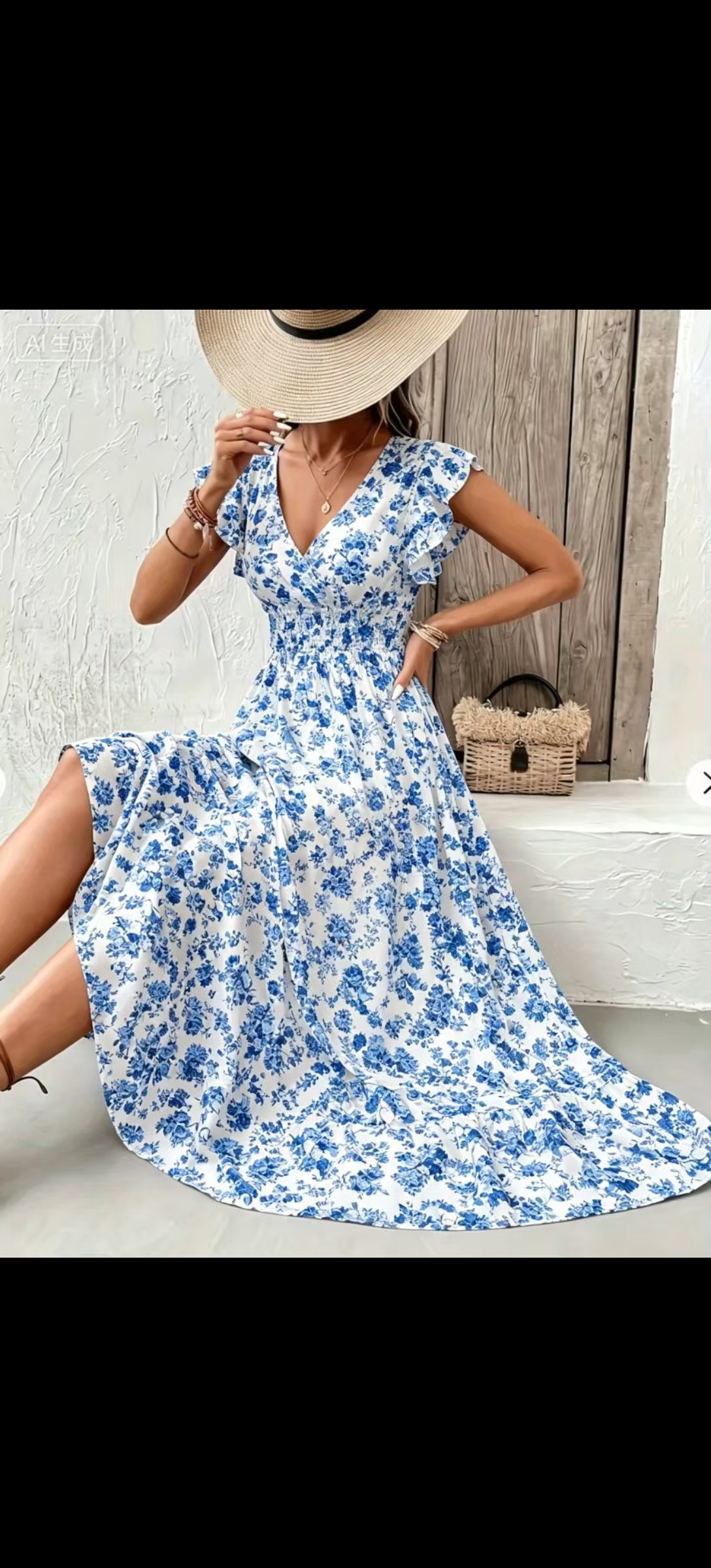 New summer fashion floral long-sleeved fitted wide-leg dress
