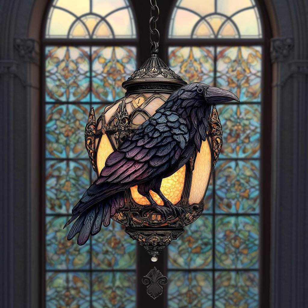 🐦‍⬛Dark Elegance: Hand-painted Gothic Raven Lamp (Flat Wall Hanging)