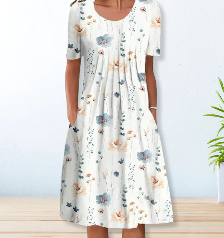 Women's elegant full skirt round neck printed short-sleeved dress