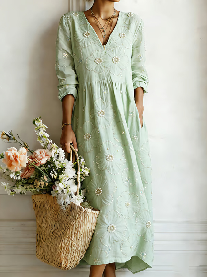 Women'S Pearl Inlaid V-Neck Linen Style Dress