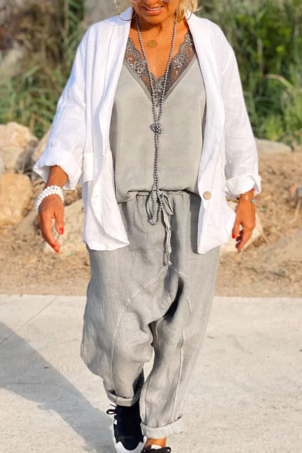 New plus-size, loose-fitting, solid color, button-down collar, linen-cotton blend blazer/suit jacket for women.