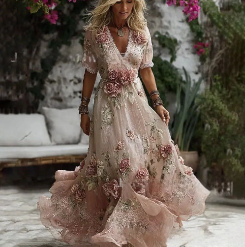 Women's solid color high-end elegant printed pleated floral midi skirt