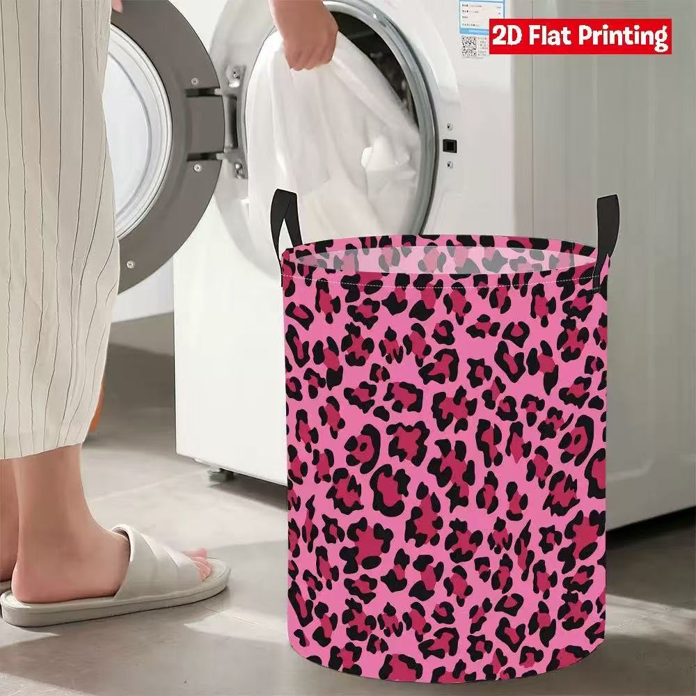 Leopard Print Round Laundry Basket, 35×50cm Waterproof Foldable Clothes Storage Bin with Reinforced Handles, 2D Flat Printing Dirty Clothes Organizer for Bedroom Bathroom Dorm