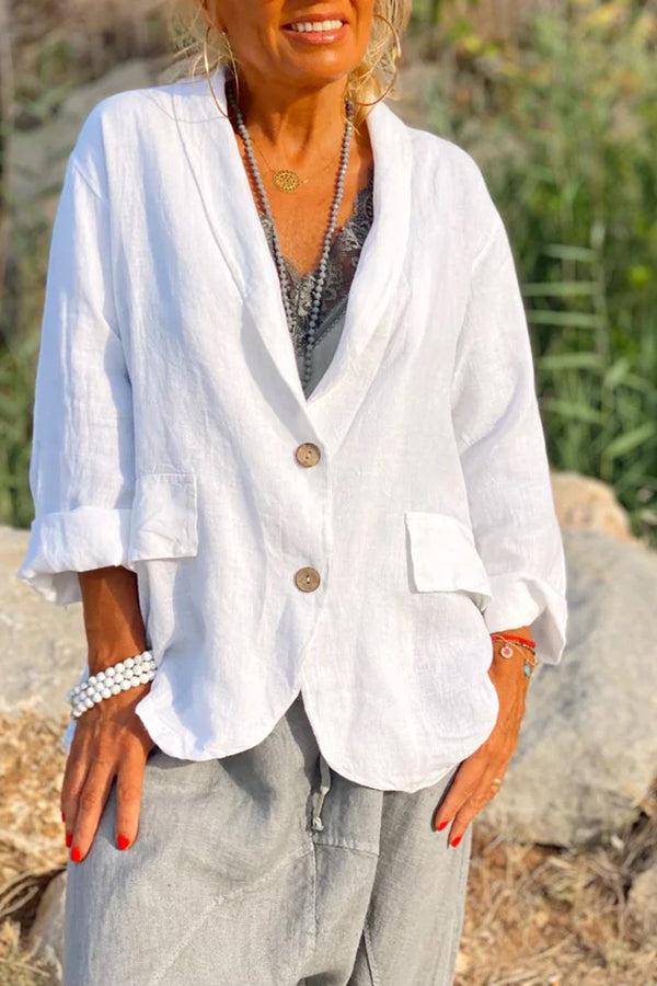 New plus-size, loose-fitting, solid color, button-down collar, linen-cotton blend blazer/suit jacket for women.