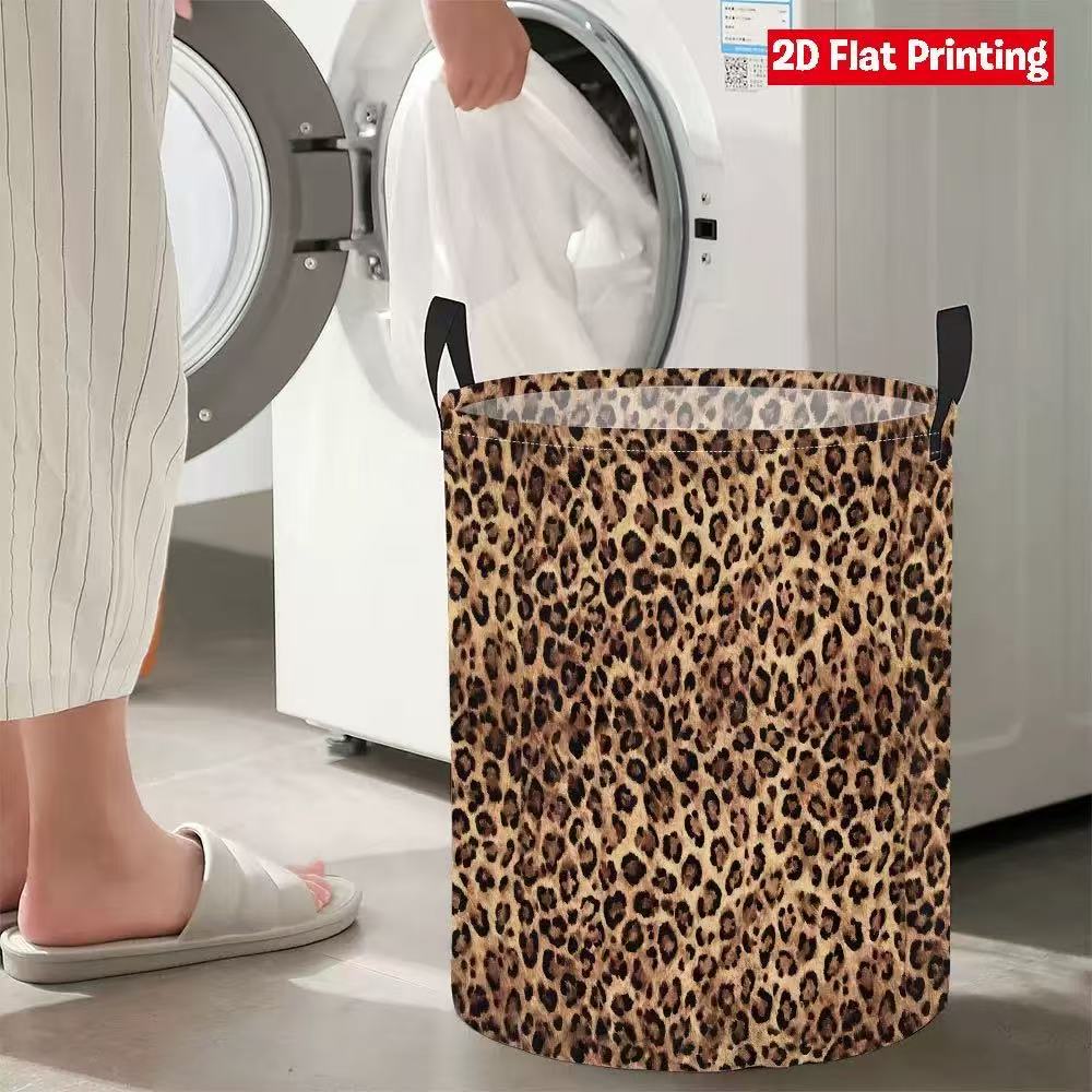 Leopard Print Round Laundry Basket, 35×50cm Waterproof Foldable Clothes Storage Bin with Reinforced Handles, 2D Flat Printing Dirty Clothes Organizer for Bedroom Bathroom Dorm