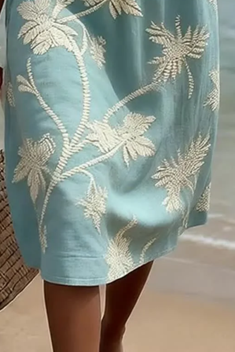 New resort-style V-neck printed loose mid-sleeve dress
