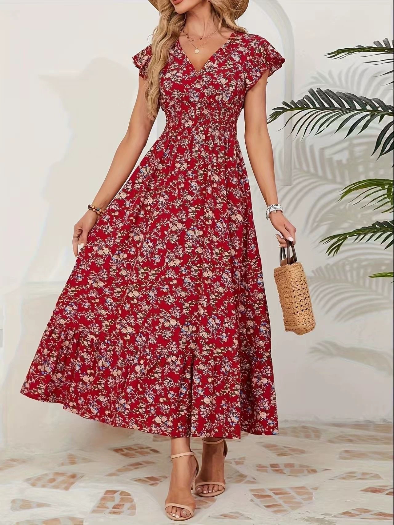 New summer fashion floral long-sleeved fitted wide-leg dress