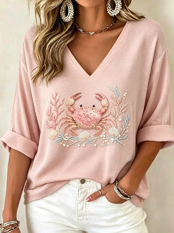 Women's 3/4 Sleeve V-Neck Casual Top with 3D Digital Print; Women's V-Neck T-Shirt