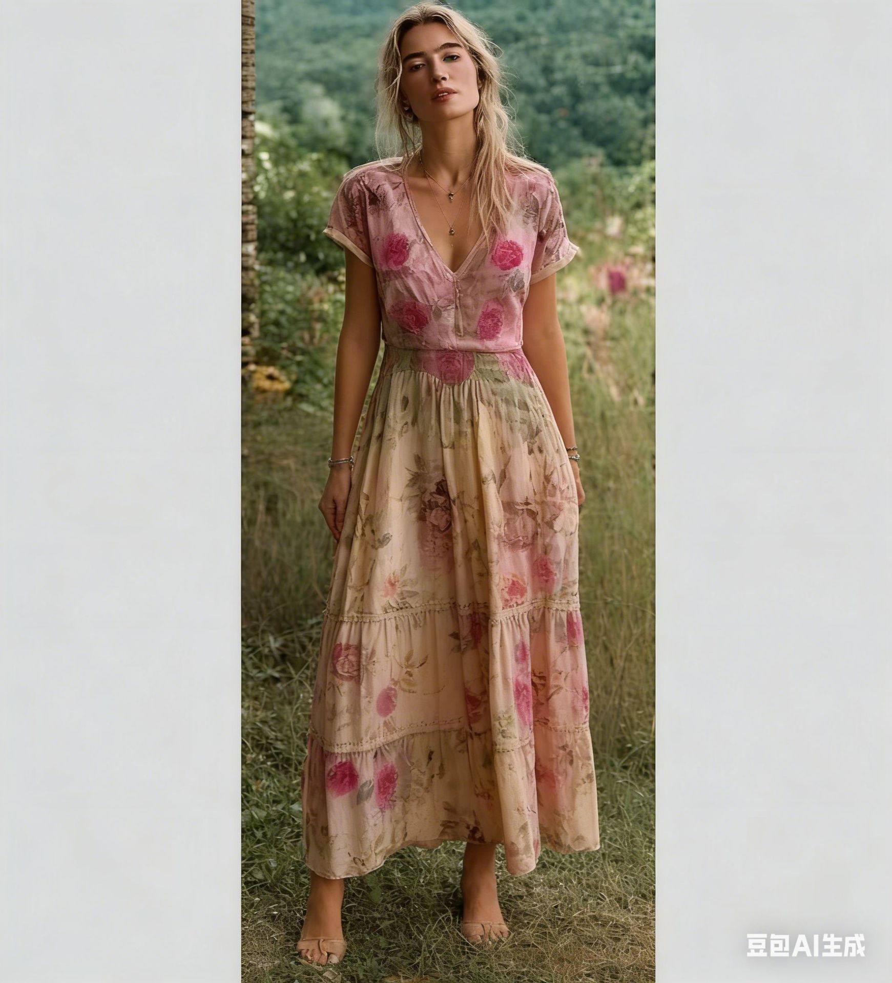 Women's solid color high-end elegant printed pleated floral midi skirt