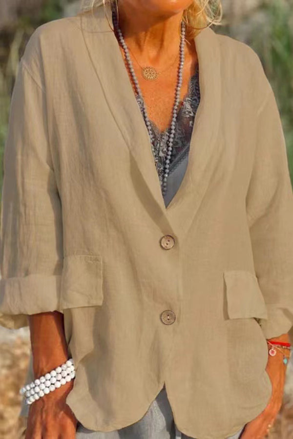 New plus-size, loose-fitting, solid color, button-down collar, linen-cotton blend blazer/suit jacket for women.