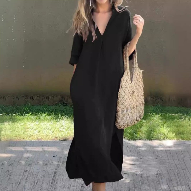 Elegant Dress with Split V-Neck