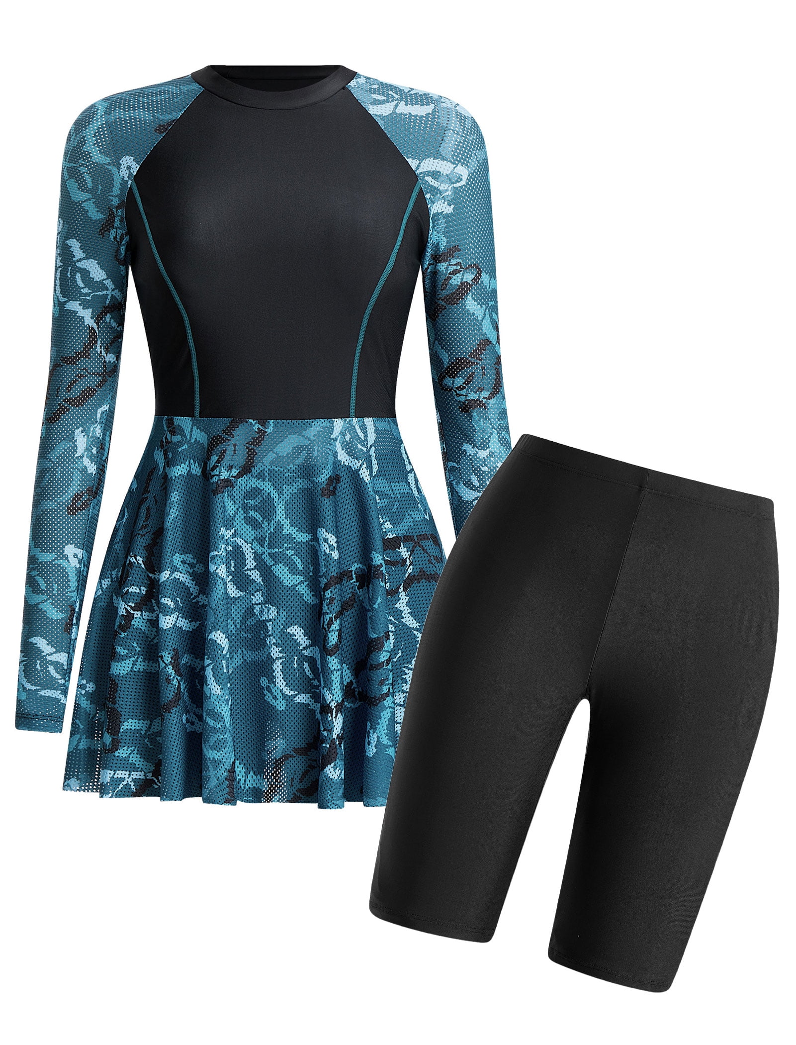 Women's Two-Piece Swimsuit — [Long Sleeve / Short Sleeve] Printed Swim Dress with Shorts