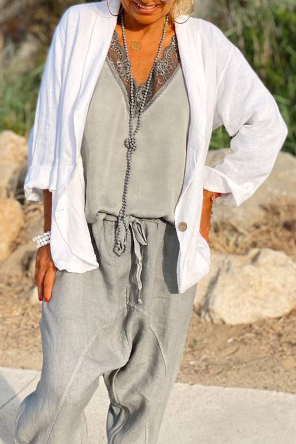 New plus-size, loose-fitting, solid color, button-down collar, linen-cotton blend blazer/suit jacket for women.