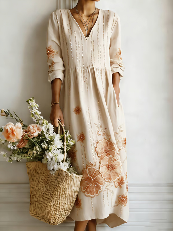Women'S Elegant Floral Print V-Neck Linen Style Dress