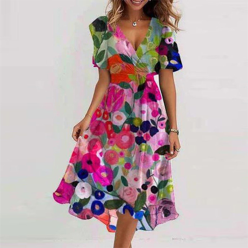 Loose-fitting, casual, elegant V-neck floral print dress