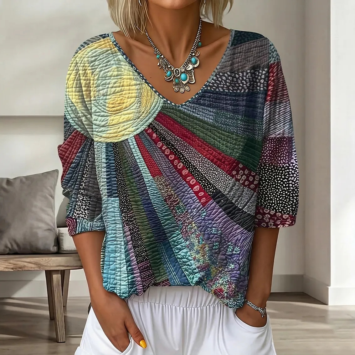Retro floral gradient art print three-quarter sleeve V-neck loose women's top