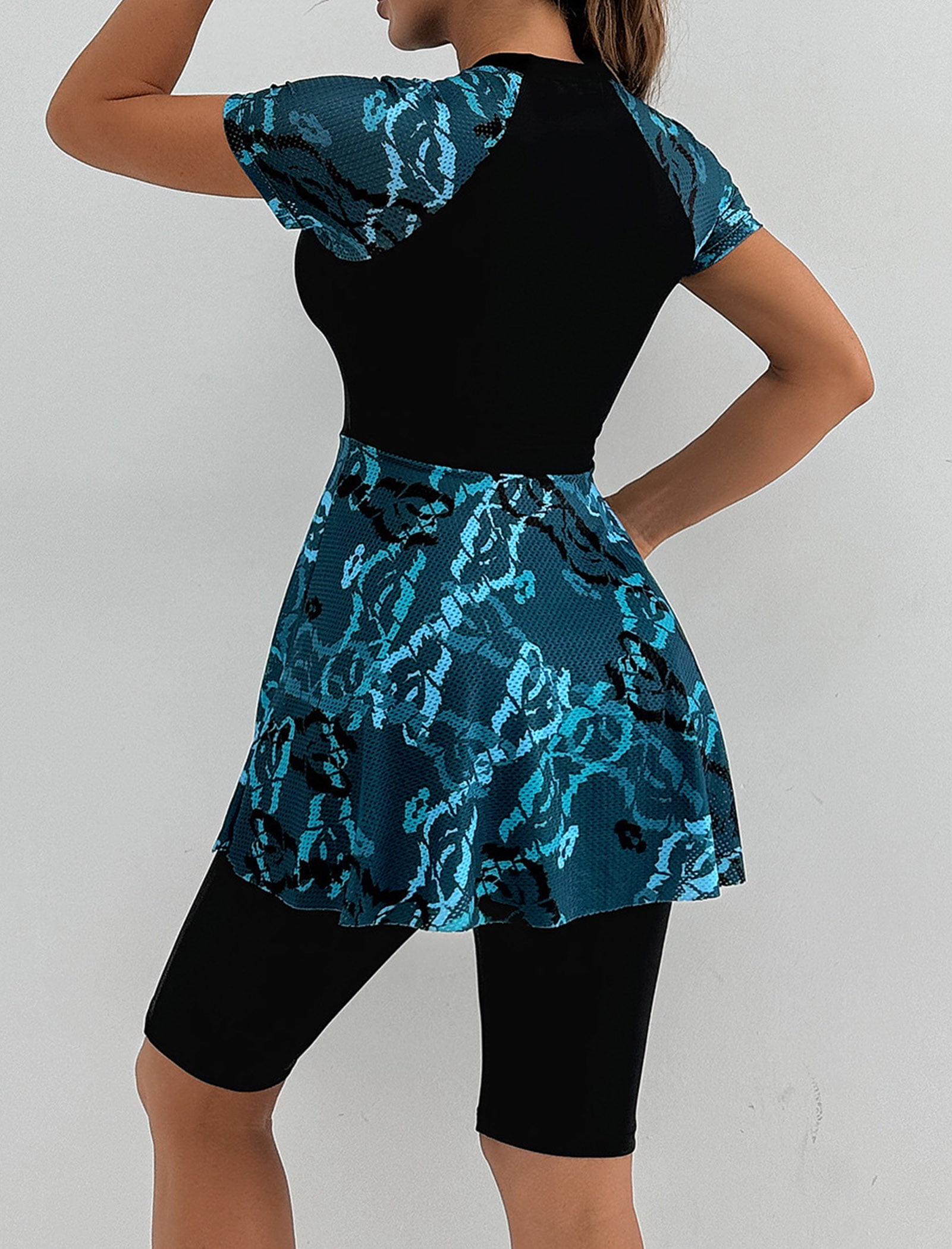 Women's Two-Piece Swimsuit — [Long Sleeve / Short Sleeve] Printed Swim Dress with Shorts