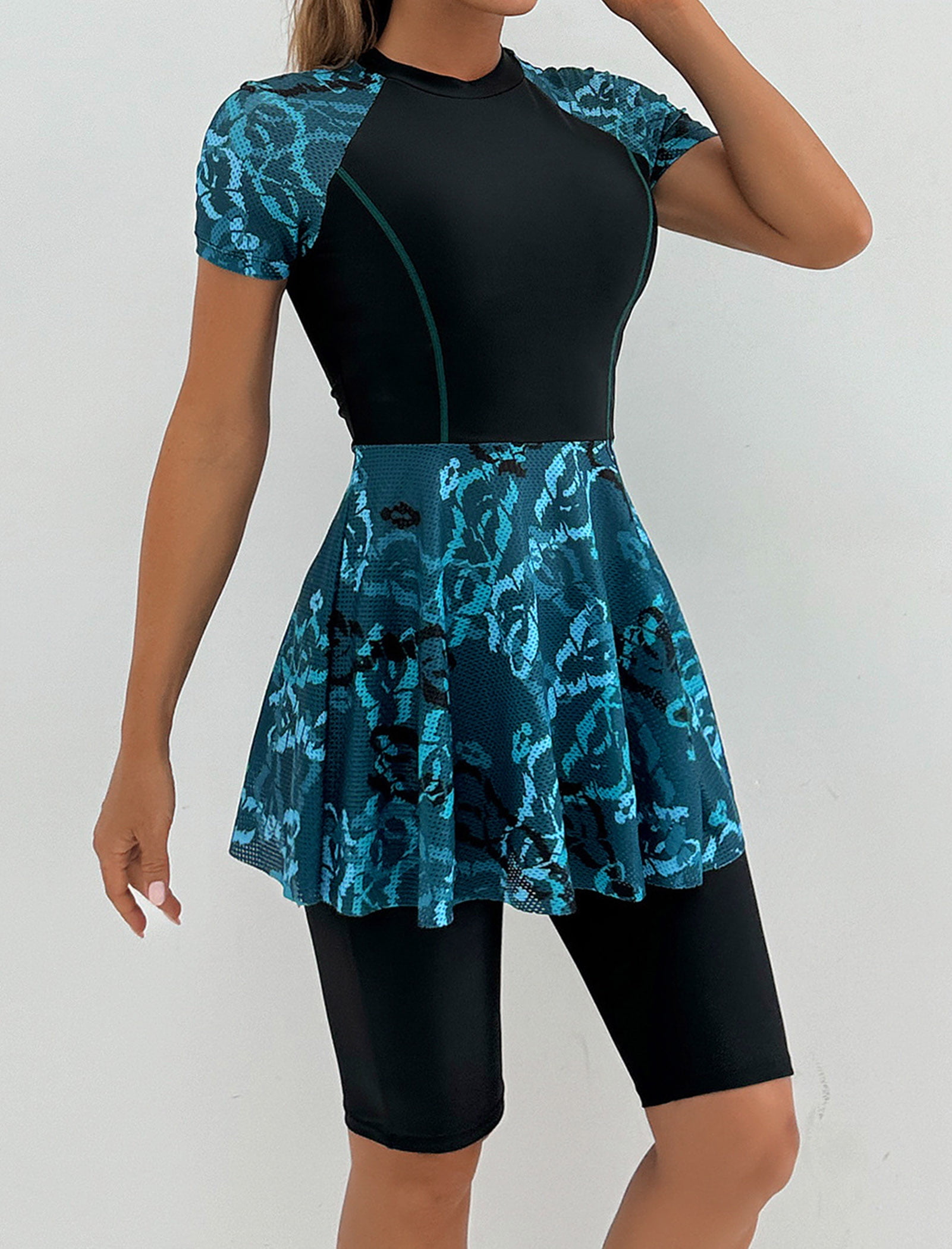 Women's Two-Piece Swimsuit — [Long Sleeve / Short Sleeve] Printed Swim Dress with Shorts