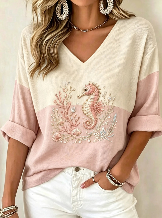 Women's 3/4 Sleeve V-Neck Casual Top with 3D Digital Print; Women's V-Neck T-Shirt