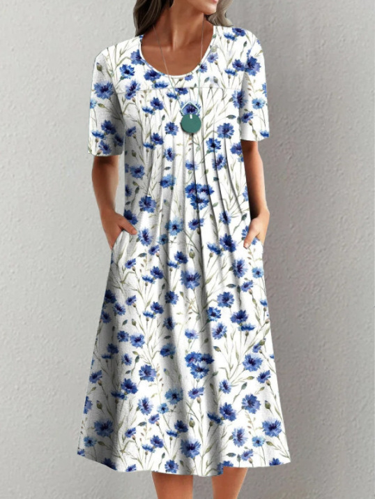 Women's elegant full skirt round neck printed short-sleeved dress