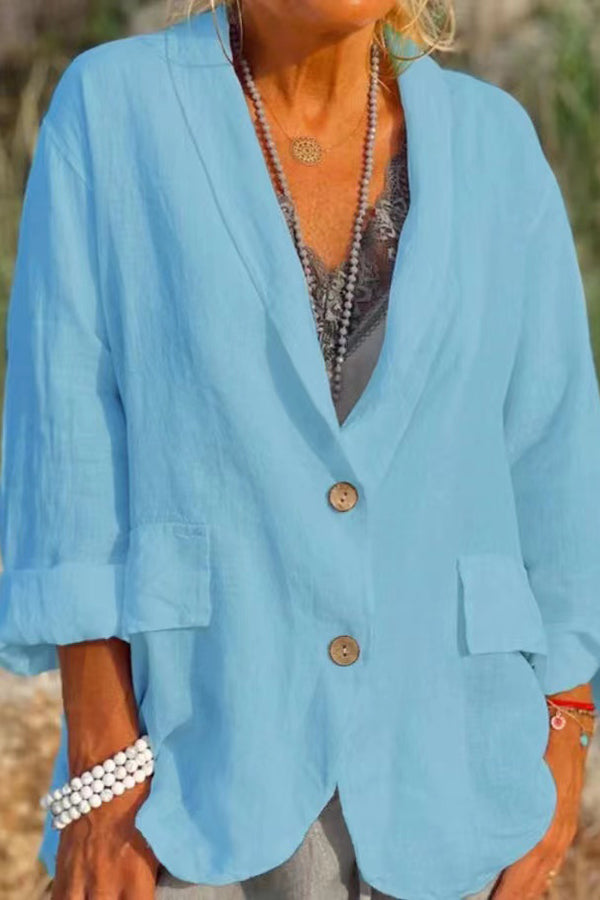 New plus-size, loose-fitting, solid color, button-down collar, linen-cotton blend blazer/suit jacket for women.
