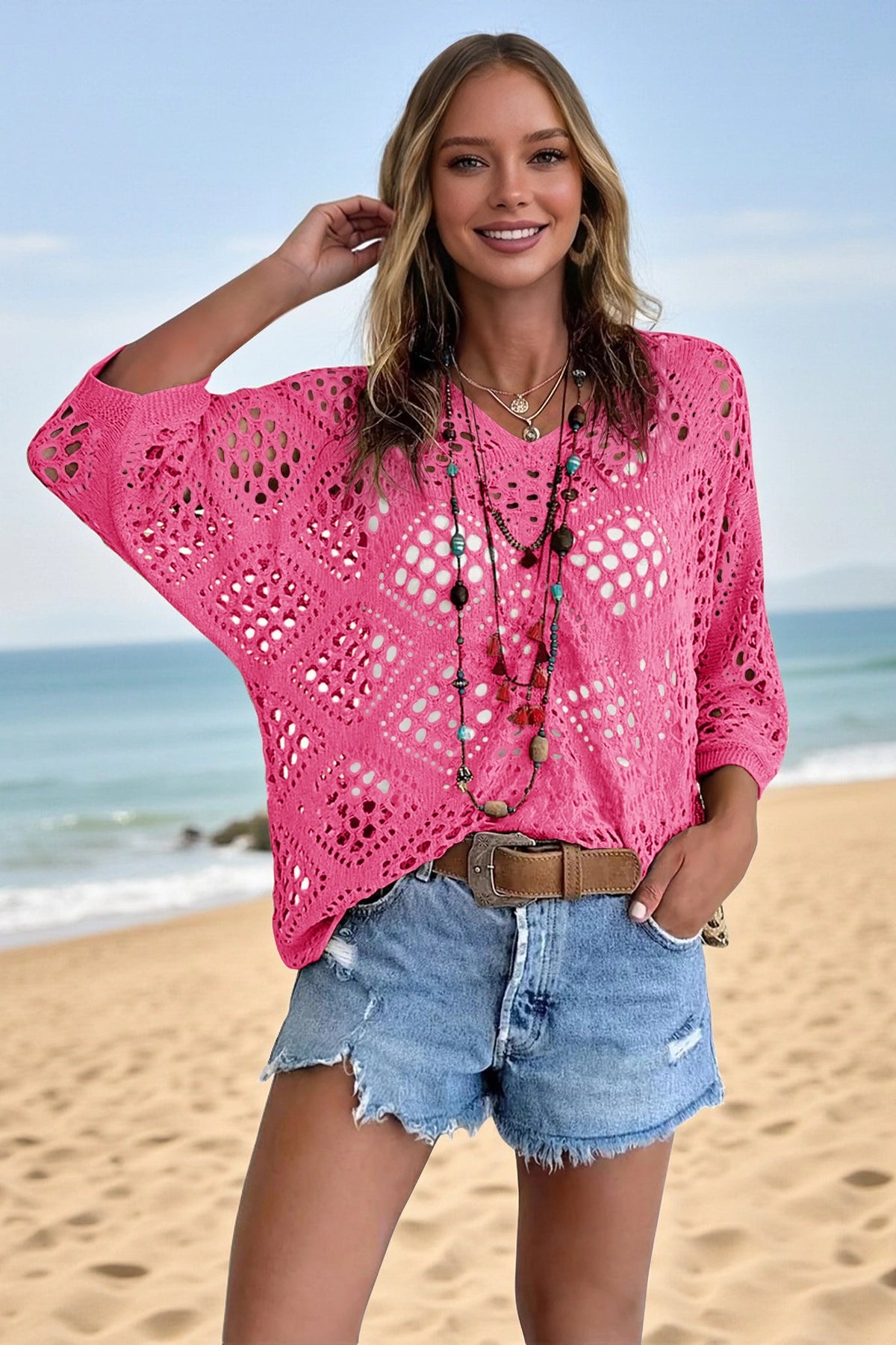 Womens Pink Summer Short Sleeve Crochet Swimsuit Fisoew