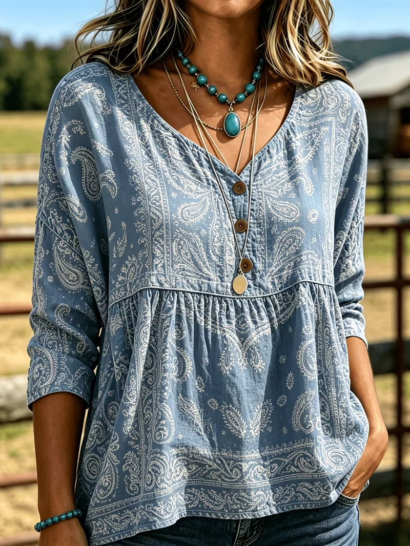 Summer Women's Button-Up Ethnic Print Three-Quarter Sleeve Shirt