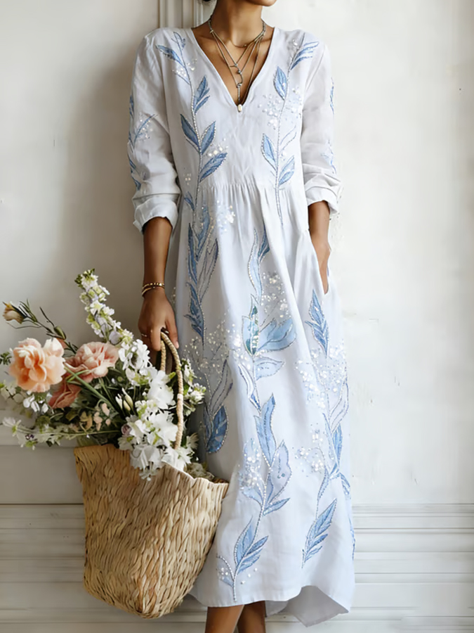 Women'S Plant Flower Sequin V-Neck Linen Style Dress