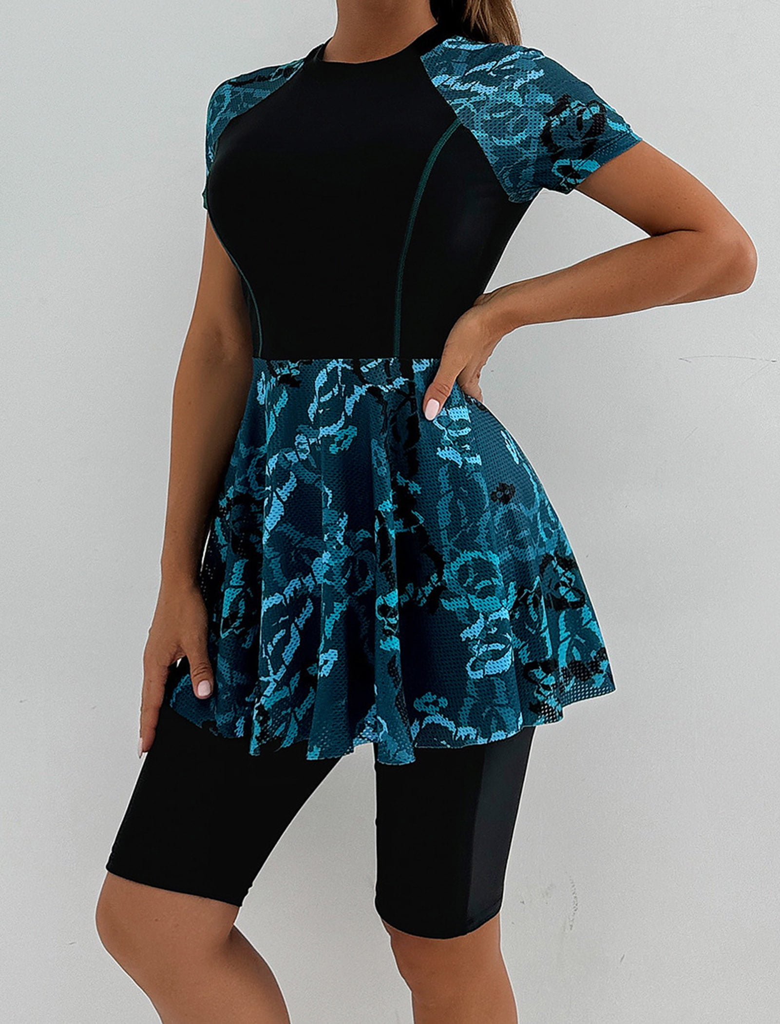 Women's Two-Piece Swimsuit — [Long Sleeve / Short Sleeve] Printed Swim Dress with Shorts