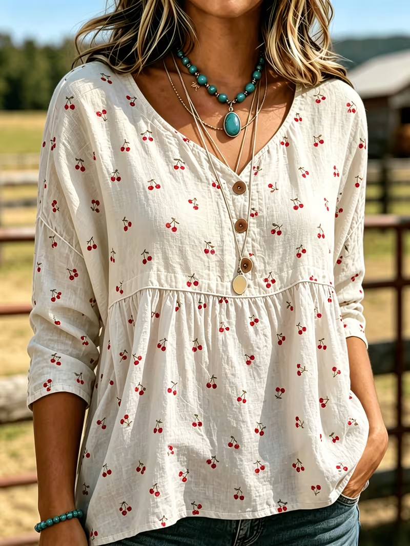 Summer Women's Button-Up Ethnic Print Three-Quarter Sleeve Shirt