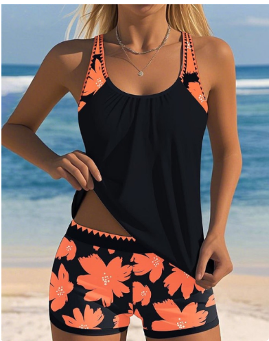 Ellen Floral Tankini Top with Matching Boxer Brief Set
