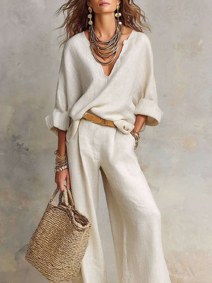  Women's Loose Linen Set – Two-Piece Resort Wear Outfit for Summer
