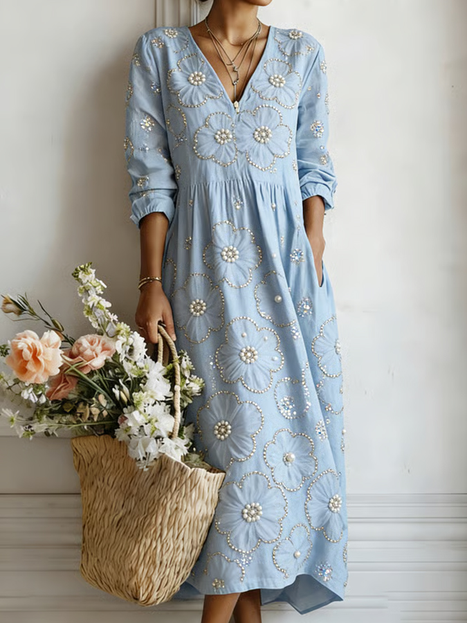 Women'S Pearl Inlaid V-Neck Linen Style Dress