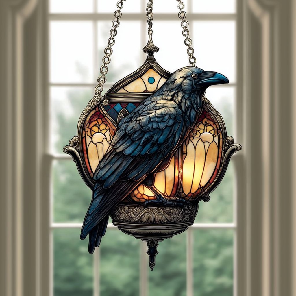 🐦‍⬛Dark Elegance: Hand-painted Gothic Raven Lamp (Flat Wall Hanging)