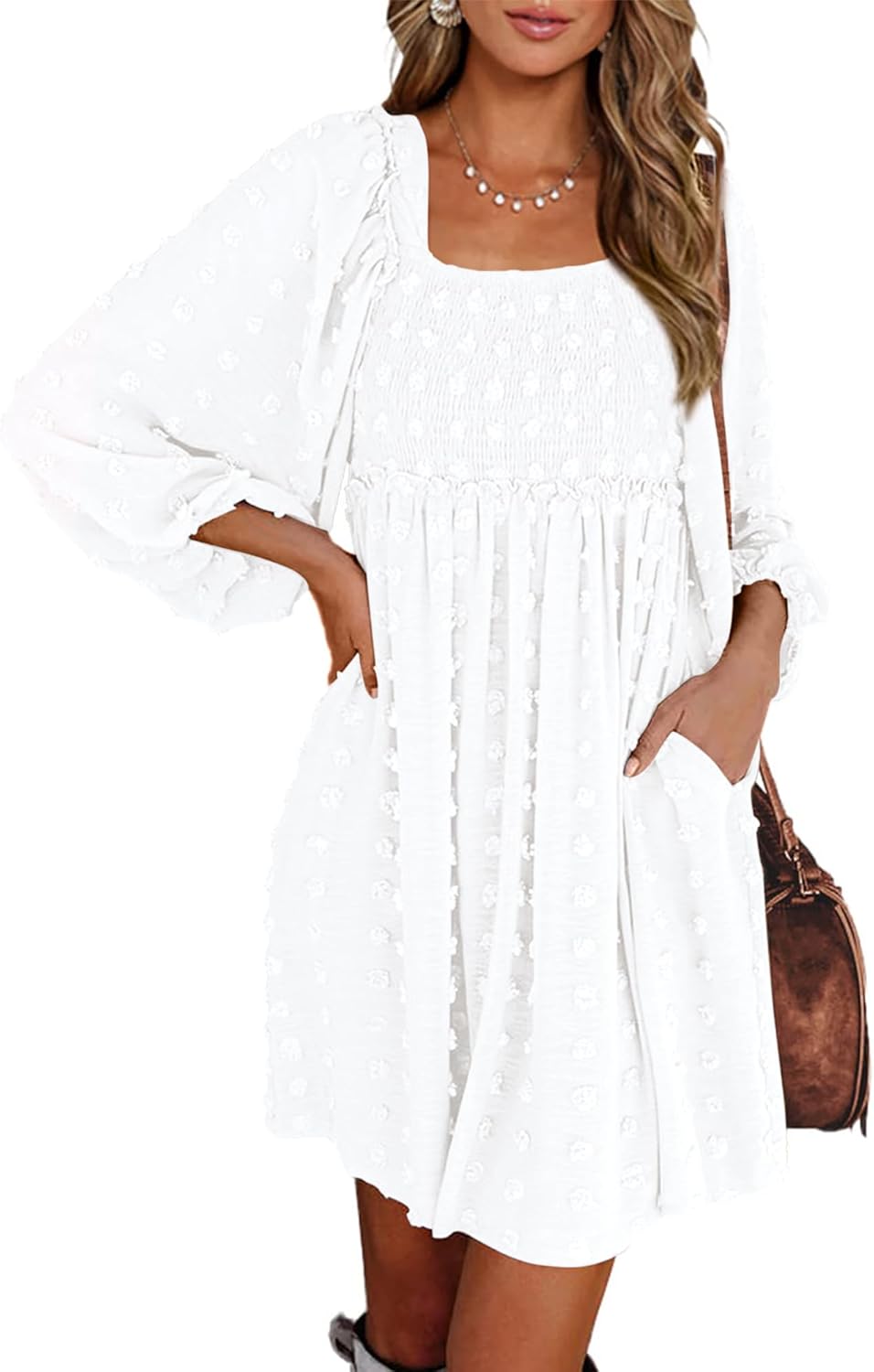 BTFBM Women Square Neck Smocked Summer Fall Dresses 2023 Long Sleeve Floral Swiss Dot Ruffle Party Mini Babydoll Dress