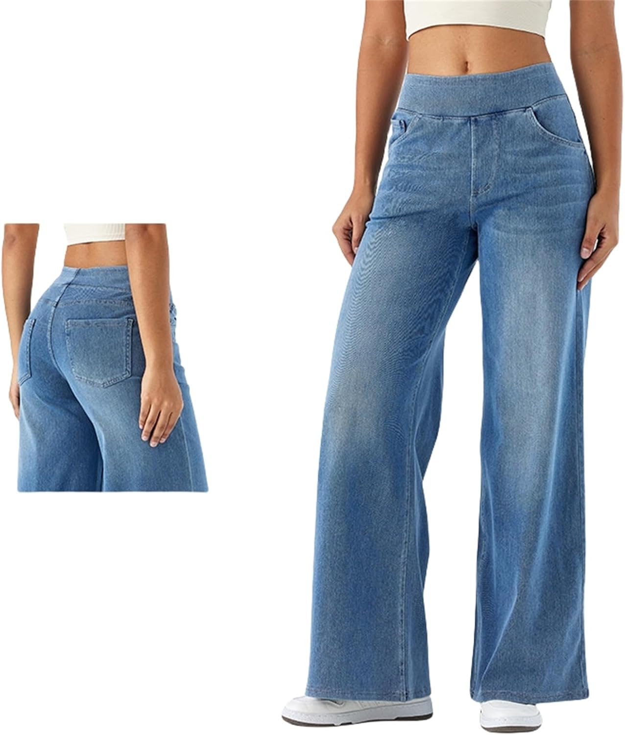 Womens Elastic Waist Jeans, Womens Straight Leg Sweatpants, High Waisted Stretchy Pull On Wide Leg Denim Pants with Pockets
