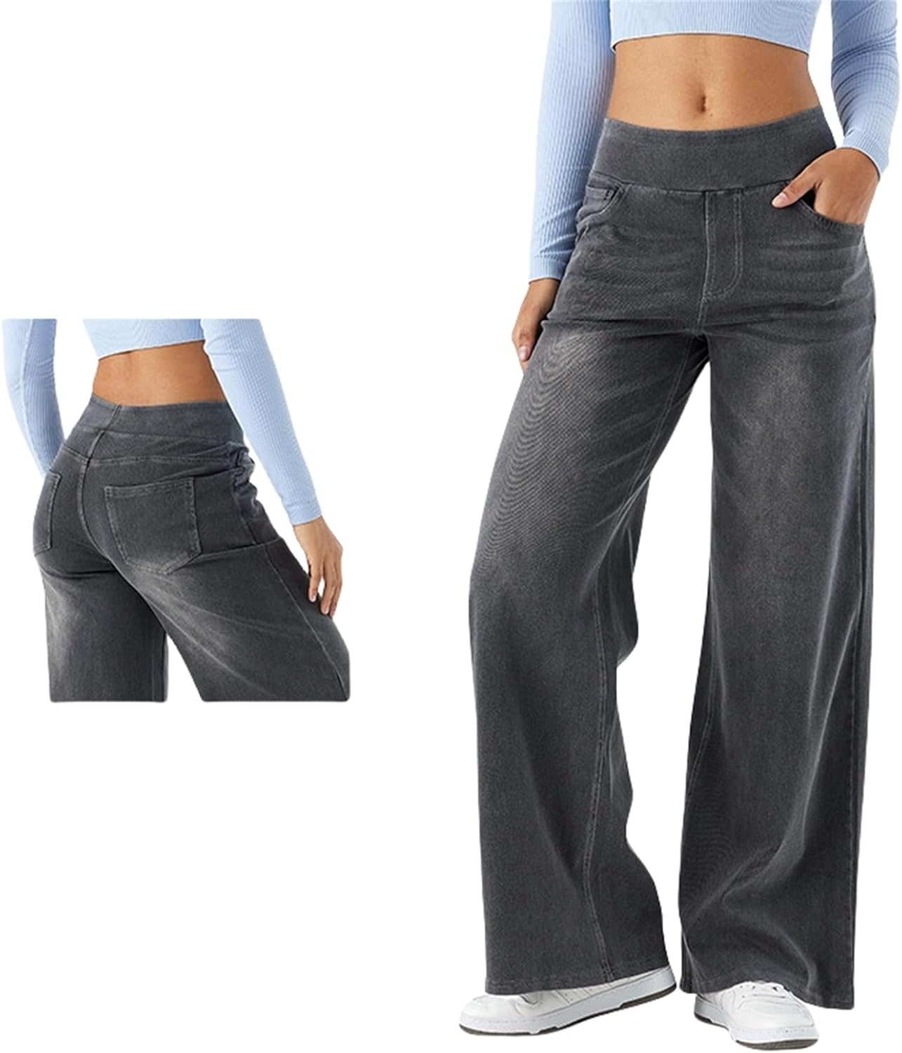 Womens Elastic Waist Jeans, Womens Straight Leg Sweatpants, High Waisted Stretchy Pull On Wide Leg Denim Pants with Pockets