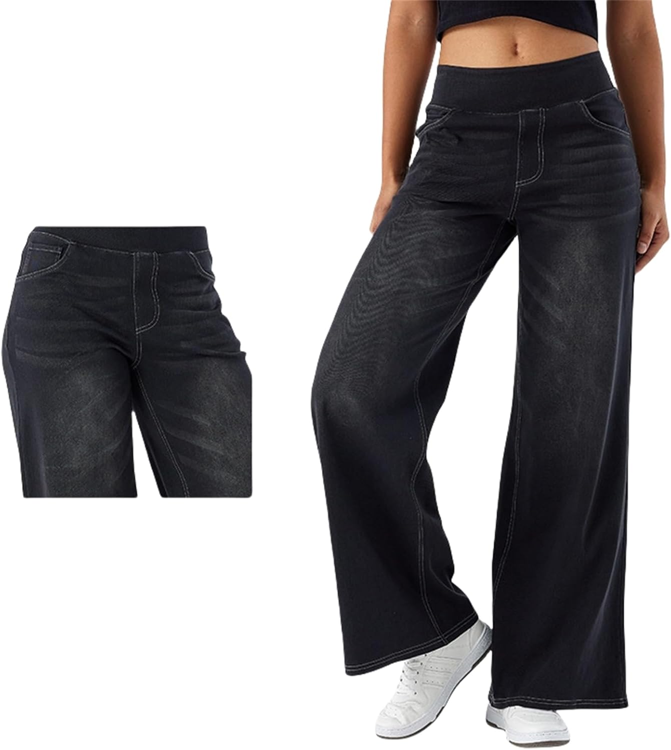 Womens Elastic Waist Jeans, Womens Straight Leg Sweatpants, High Waisted Stretchy Pull On Wide Leg Denim Pants with Pockets