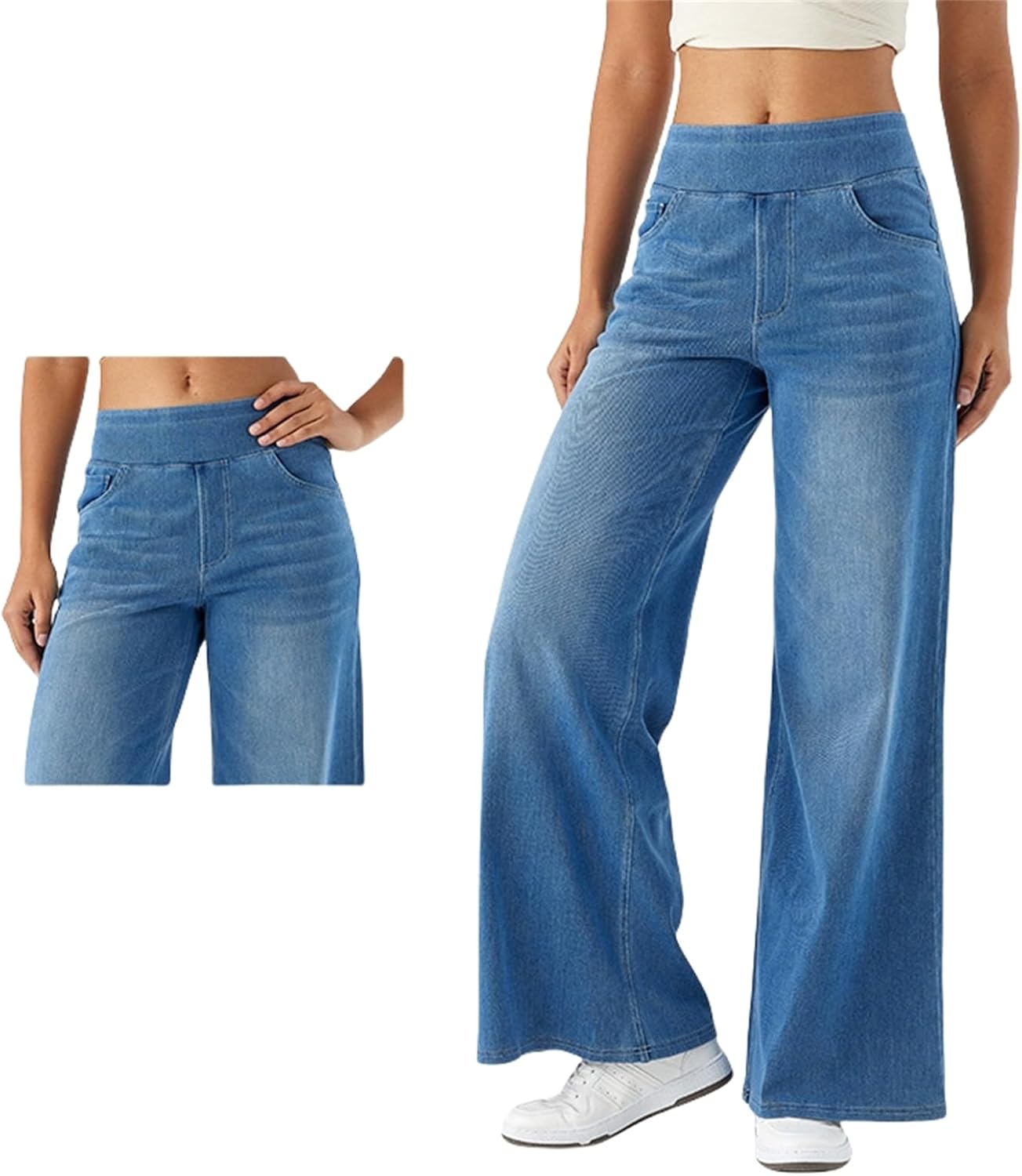 Womens Elastic Waist Jeans, Womens Straight Leg Sweatpants, High Waisted Stretchy Pull On Wide Leg Denim Pants with Pockets