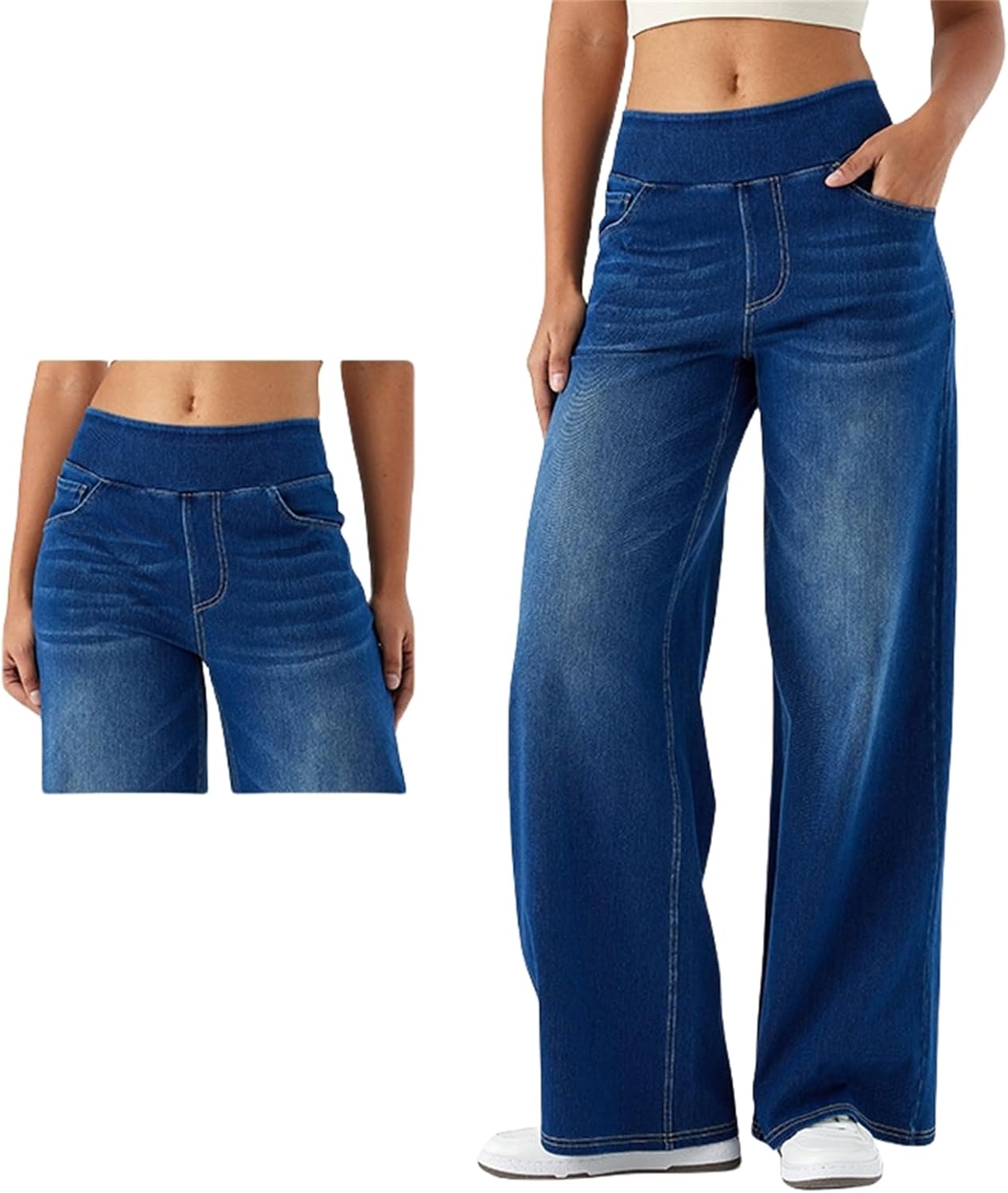 Womens Elastic Waist Jeans, Womens Straight Leg Sweatpants, High Waisted Stretchy Pull On Wide Leg Denim Pants with Pockets