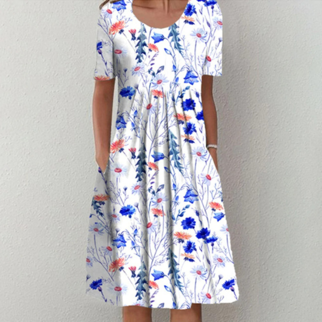 Women's elegant full skirt round neck printed short-sleeved dress